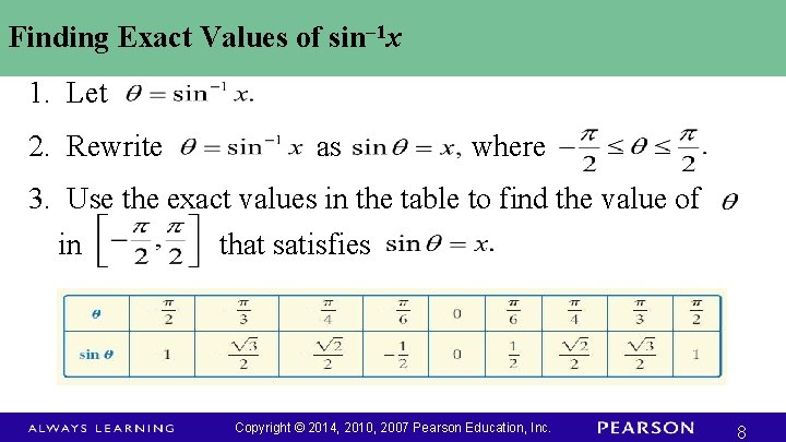 Finding Exact Values of sin– 1 x 1. Let 2. Rewrite as where 3.