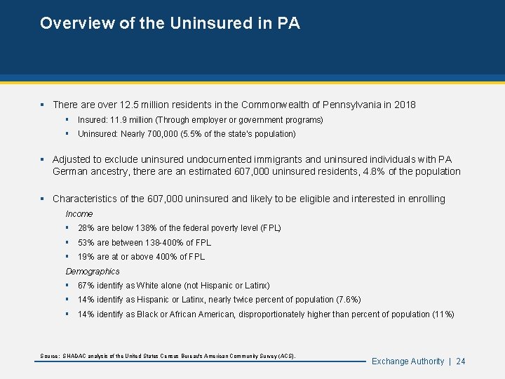 Overview of the Uninsured in PA § There are over 12. 5 million residents