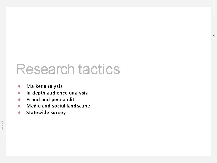 4 Research tactics research ● ● ● Market analysis In-depth audience analysis Brand peer
