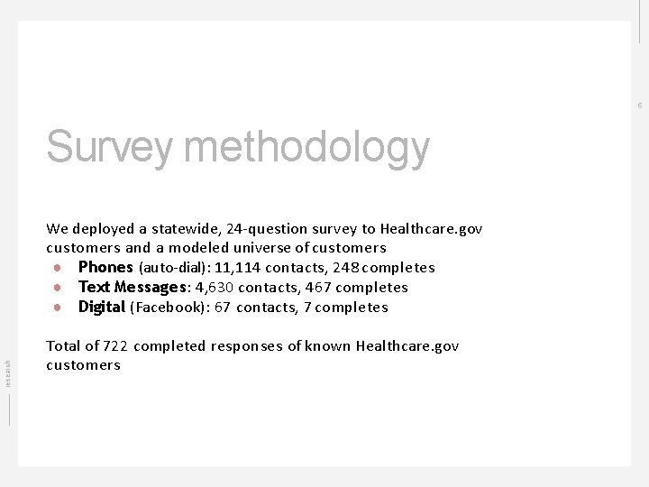 5 Survey methodology research We deployed a statewide, 24 -question survey to Healthcare. gov