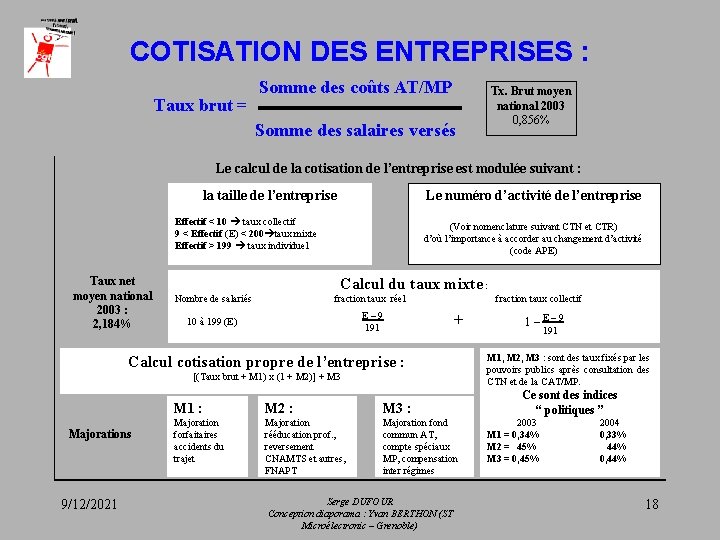 COTISATION DES ENTREPRISES : Taux brut = Somme des coûts AT/MP Tx. Brut moyen