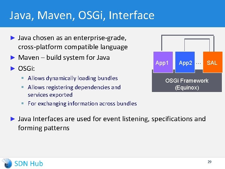 Java, Maven, OSGi, Interface Java chosen as an enterprise-grade, cross-platform compatible language ► Maven
