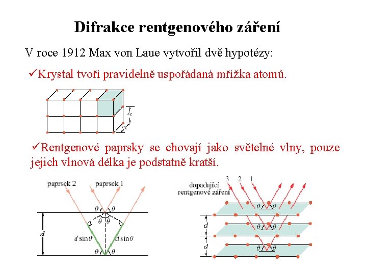 Difrakce rentgenového záření V roce 1912 Max von Laue vytvořil dvě hypotézy: üKrystal tvoří