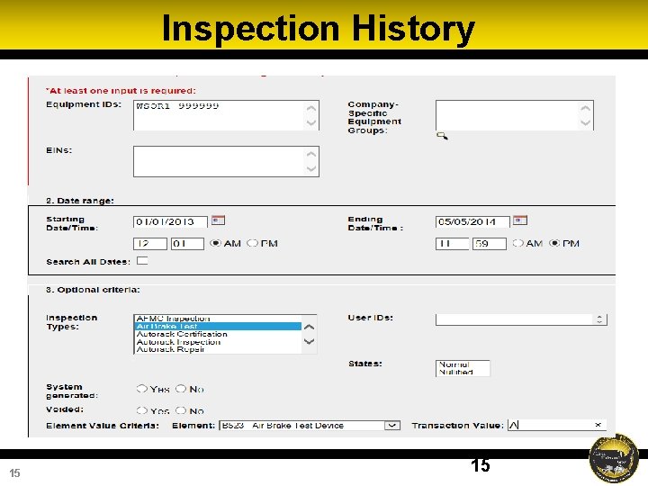 Inspection History 15 15 Inspection History 15 15