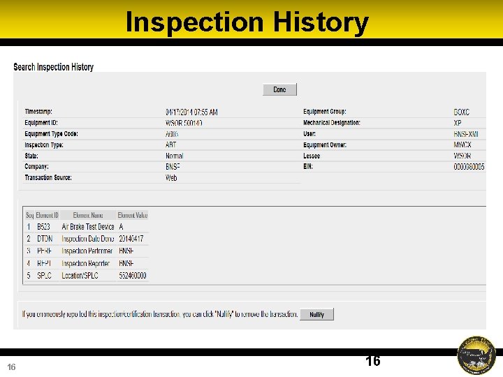 Inspection History 16 16 Inspection History 16 16