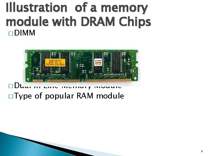 Illustration of a memory module with DRAM Chips � DIMM � Dual In Line Illustration of a memory module with DRAM Chips � DIMM � Dual In Line