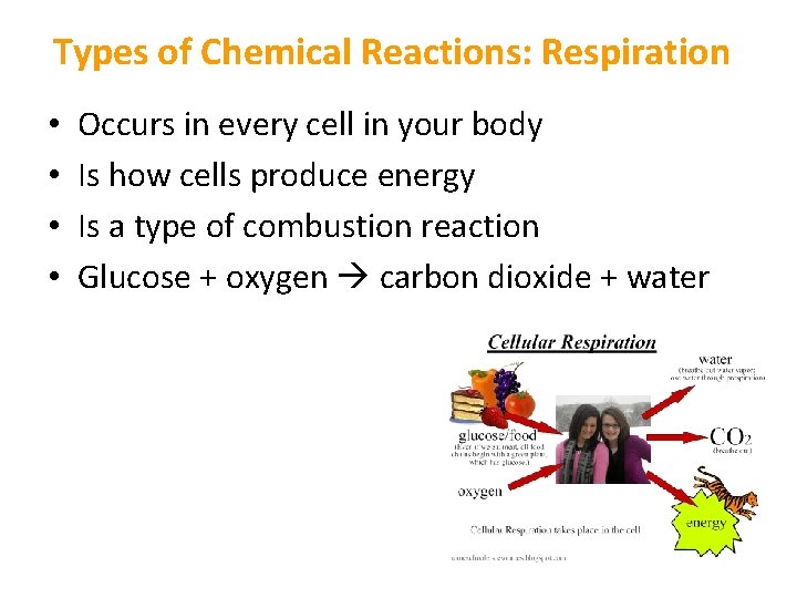Types of Chemical Reactions: Respiration • • Occurs in every cell in your body Types of Chemical Reactions: Respiration • • Occurs in every cell in your body