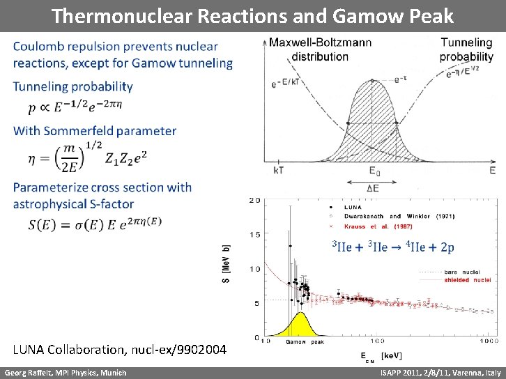 Thermonuclear Reactions and Gamow Peak LUNA Collaboration, nucl-ex/9902004 Georg Raffelt, MPI Physics, Munich ISAPP