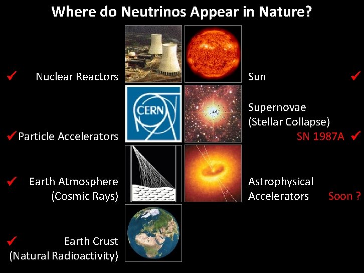 Where do Neutrinos Appear in Nature? Nuclear Reactors Particle Accelerators Earth Atmosphere (Cosmic Rays)