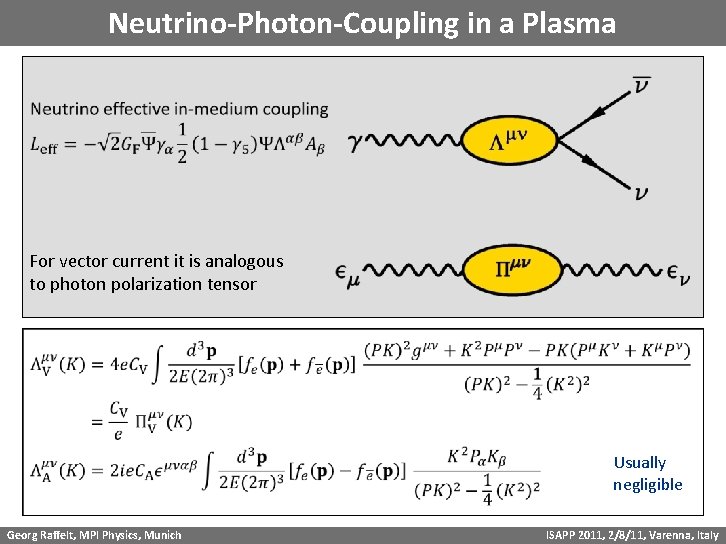 Neutrino-Photon-Coupling in a Plasma For vector current it is analogous to photon polarization tensor