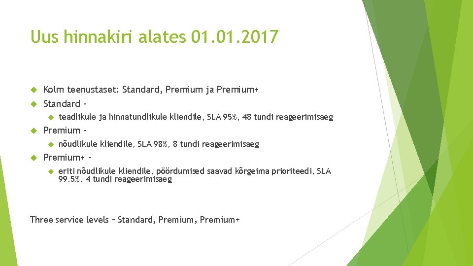 Uus hinnakiri alates 01. 2017 Kolm teenustaset: Standard, Premium ja Premium+ Standard – Premium