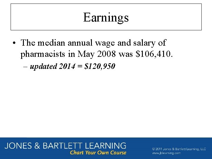 Earnings • The median annual wage and salary of pharmacists in May 2008 was