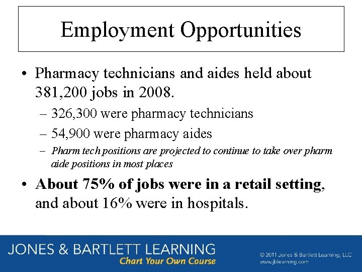 Employment Opportunities • Pharmacy technicians and aides held about 381, 200 jobs in 2008.