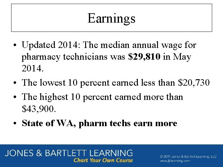 Earnings • Updated 2014: The median annual wage for pharmacy technicians was $29, 810