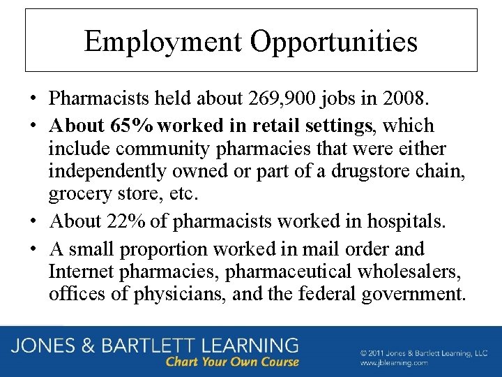 Employment Opportunities • Pharmacists held about 269, 900 jobs in 2008. • About 65%