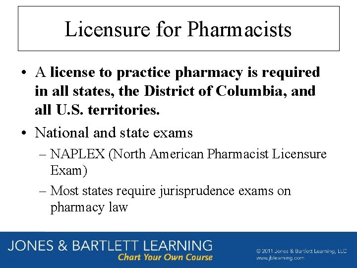 Licensure for Pharmacists • A license to practice pharmacy is required in all states,