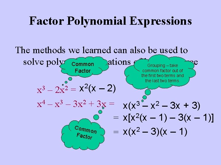 Factor Polynomial Expressions The methods we learned can also be used to solve polynomial