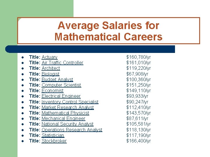 Average Salaries for Mathematical Careers l l l l Title: Actuary Title: Air Traffic