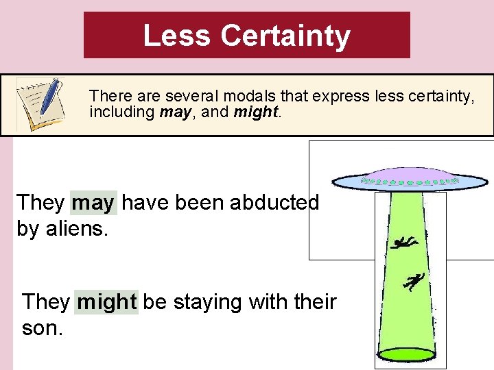 Less Certainty There are several modals that express less certainty, including may, and might.