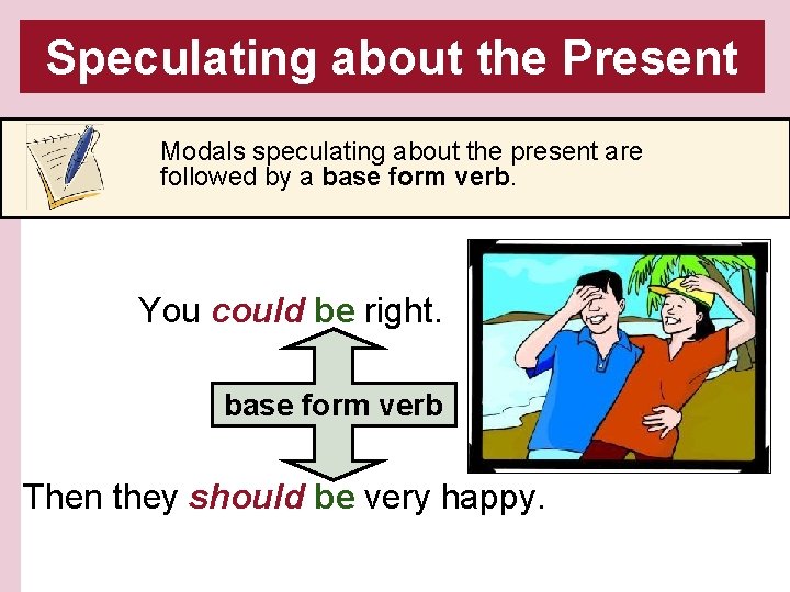 Speculating about the Present Modals speculating about the present are followed by a base