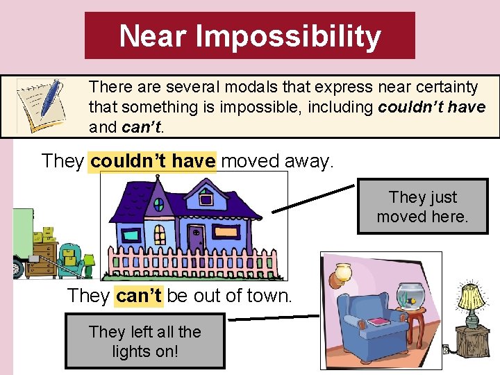 Near Impossibility There are several modals that express near certainty that something is impossible,