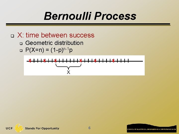 Bernoulli Process q X: time between success q q Geometric distribution P(X=n) = (1