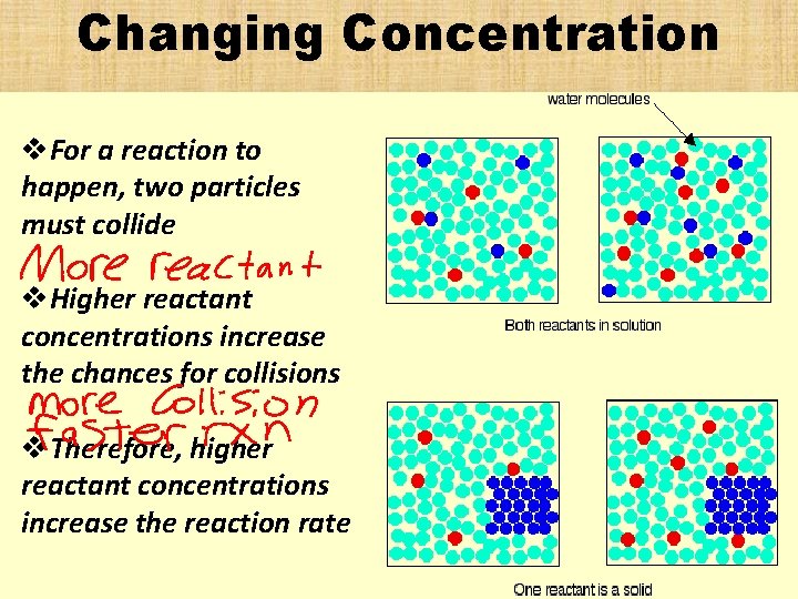 Changing Concentration v. For a reaction to happen, two particles must collide v. Higher Changing Concentration v. For a reaction to happen, two particles must collide v. Higher