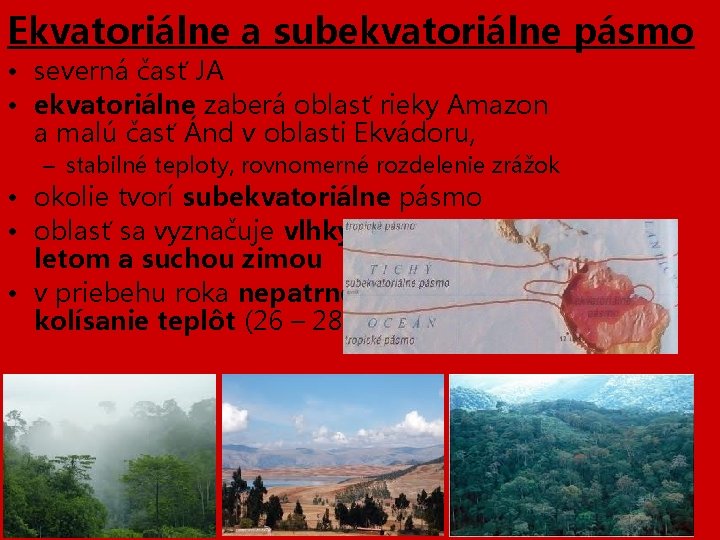 Ekvatoriálne a subekvatoriálne pásmo • severná časť JA • ekvatoriálne zaberá oblasť rieky Amazon