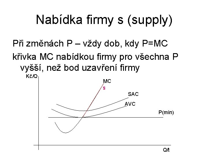 Nabídka firmy s (supply) Při změnách P – vždy dob, kdy P=MC křivka MC