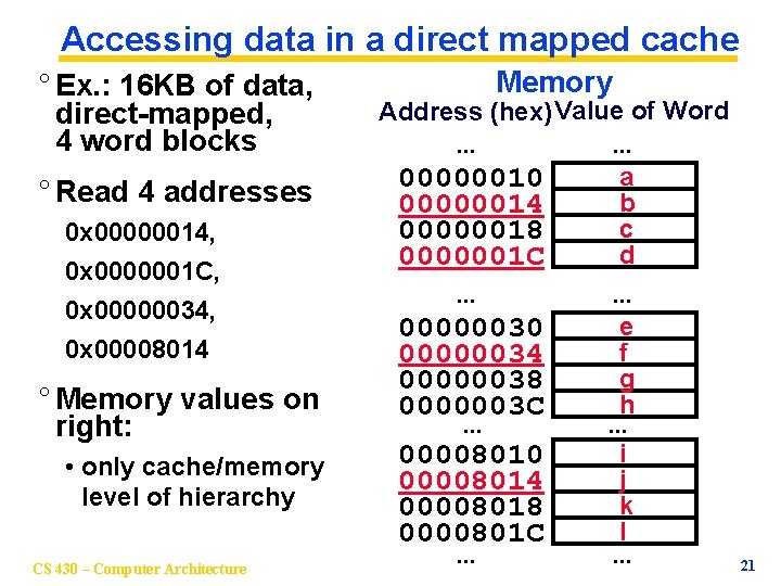 Accessing data in a direct mapped cache ° Ex. : 16 KB of data,