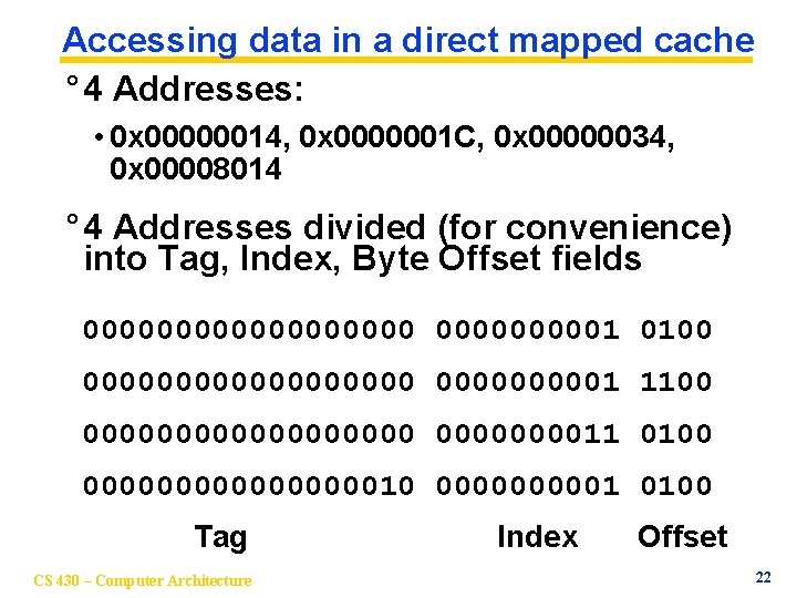 Accessing data in a direct mapped cache ° 4 Addresses: • 0 x 00000014,