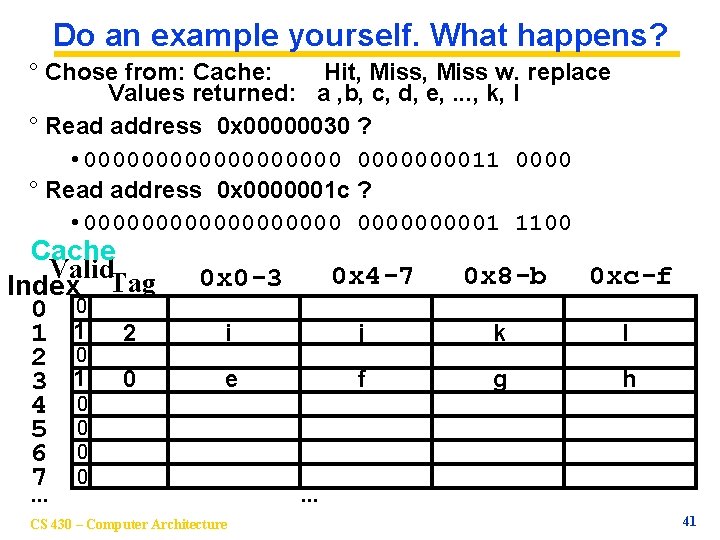 Do an example yourself. What happens? ° Chose from: Cache: Hit, Miss w. replace