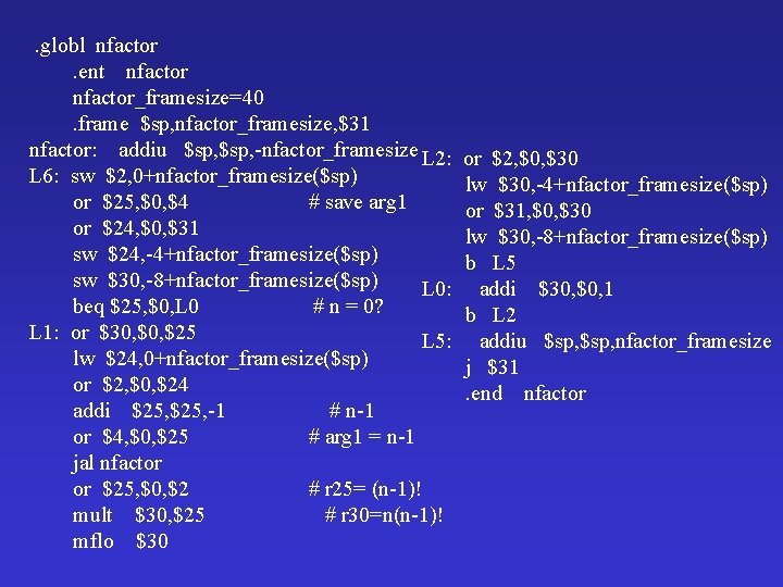 . globl nfactor. ent nfactor_framesize=40. frame $sp, nfactor_framesize, $31 nfactor: addiu $sp, -nfactor_framesize L