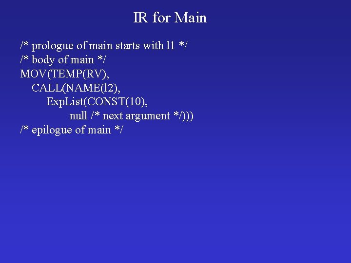 IR for Main /* prologue of main starts with l 1 */ /* body