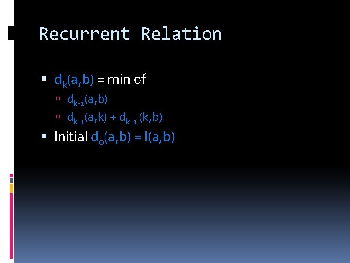 Recurrent Relation dk(a, b) = min of dk-1(a, b) dk-1(a, k) + dk-1 (k,