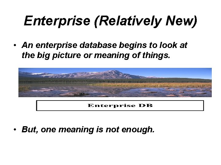 Enterprise (Relatively New) • An enterprise database begins to look at the big picture