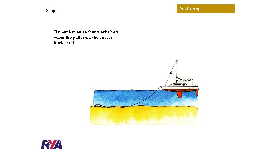 Scope Remember an anchor works best when the pull from the boat is horizontal