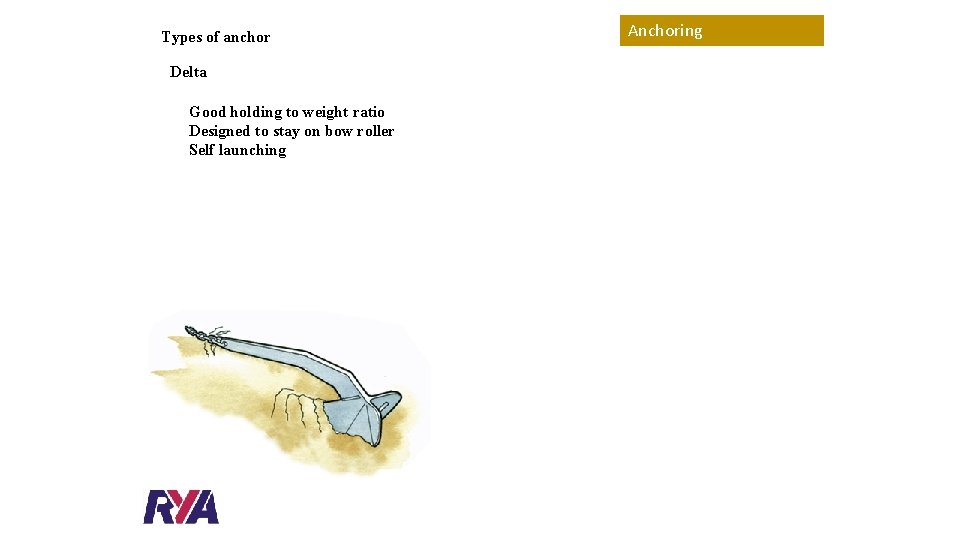 Types of anchor Delta Good holding to weight ratio Designed to stay on bow
