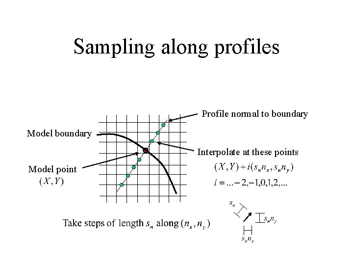 Sampling along profiles Profile normal to boundary Model boundary Interpolate at these points Model Sampling along profiles Profile normal to boundary Model boundary Interpolate at these points Model