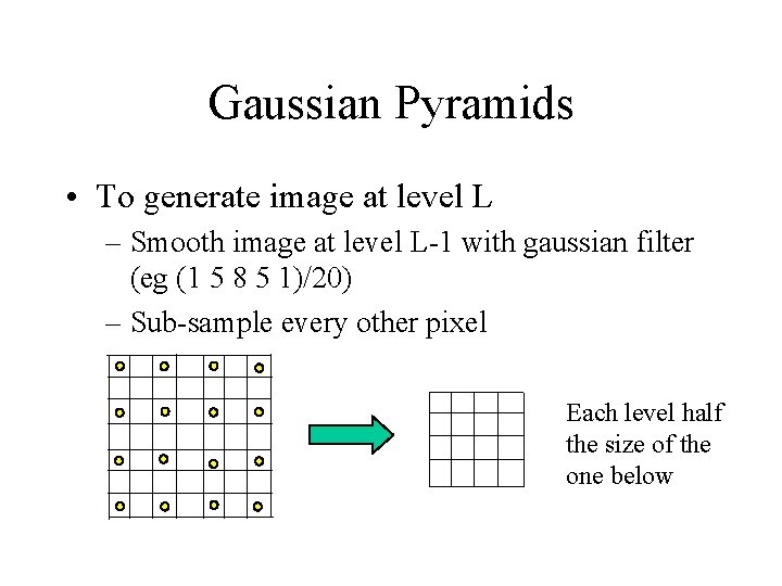 Gaussian Pyramids • To generate image at level L – Smooth image at level Gaussian Pyramids • To generate image at level L – Smooth image at level