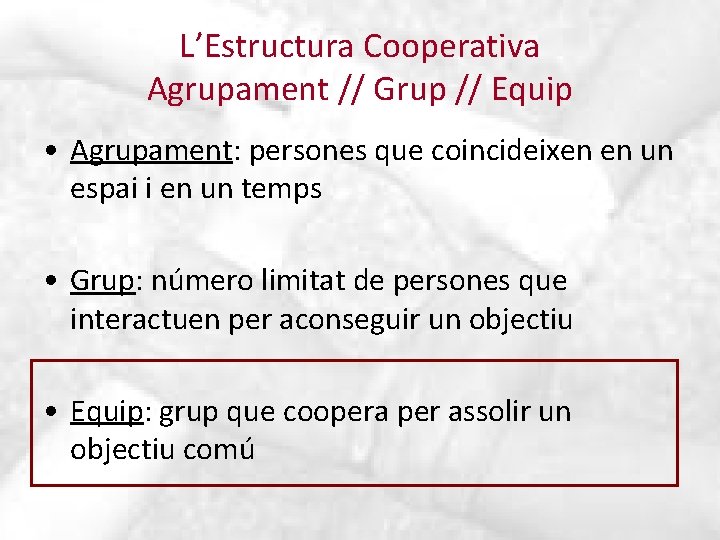 L’Estructura Cooperativa Agrupament // Grup // Equip • Agrupament: persones que coincideixen en un