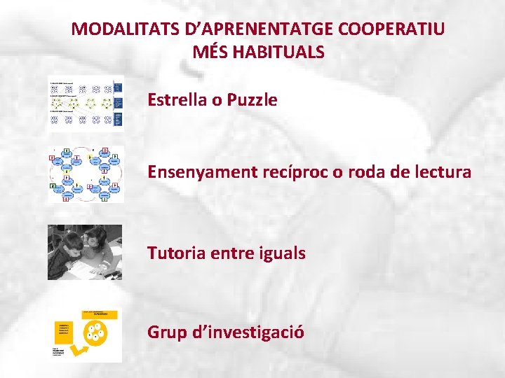 MODALITATS D’APRENENTATGE COOPERATIU MÉS HABITUALS Estrella o Puzzle Ensenyament recíproc o roda de lectura