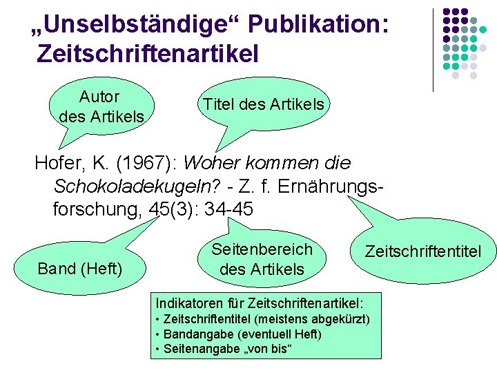 „Unselbständige“ Publikation: Zeitschriftenartikel Autor des Artikels Titel des Artikels Hofer, K. (1967): Woher kommen