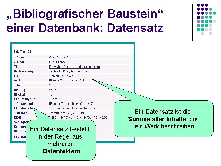 „Bibliografischer Baustein“ einer Datenbank: Datensatz Ein Datensatz besteht in der Regel aus mehreren Datenfeldern