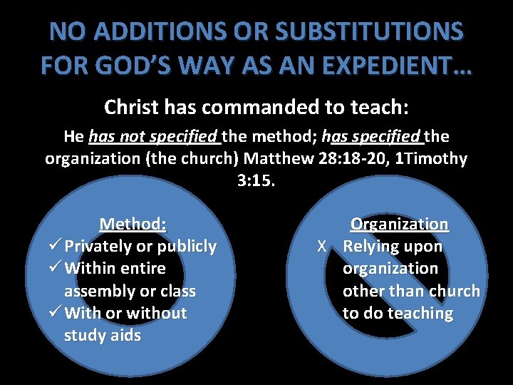 NO ADDITIONS OR SUBSTITUTIONS FOR GOD’S WAY AS AN EXPEDIENT… Christ has commanded to