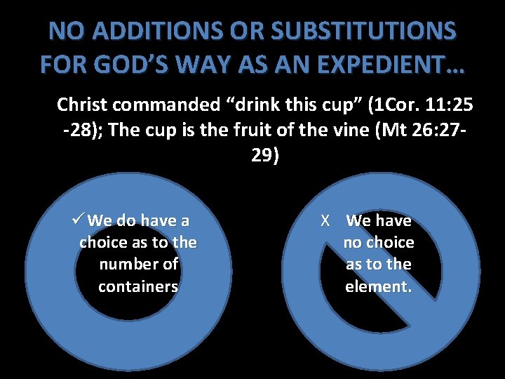 NO ADDITIONS OR SUBSTITUTIONS FOR GOD’S WAY AS AN EXPEDIENT… Christ commanded “drink this