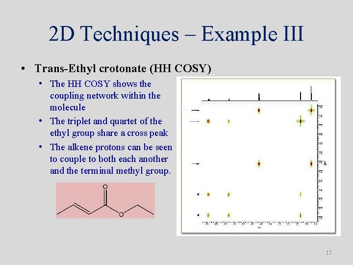 2 D Techniques – Example III • Trans-Ethyl crotonate (HH COSY) • The HH