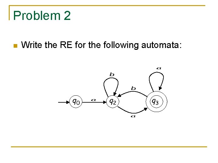 Problem 2 n Write the RE for the following automata: 