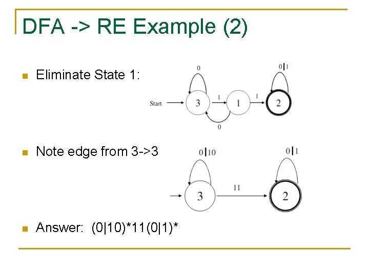 DFA -> RE Example (2) n Eliminate State 1: n Note edge from 3