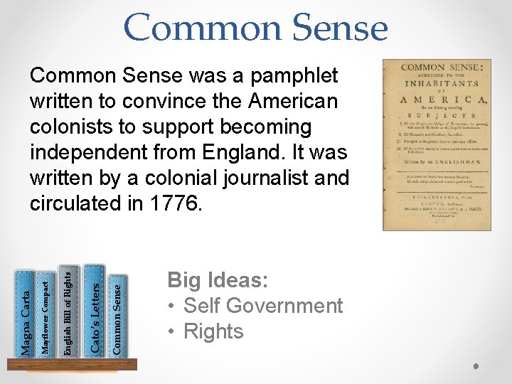 Common Sense Cato’s Letters English Bill of Rights Mayflower Compact Magna Carta Common Sense